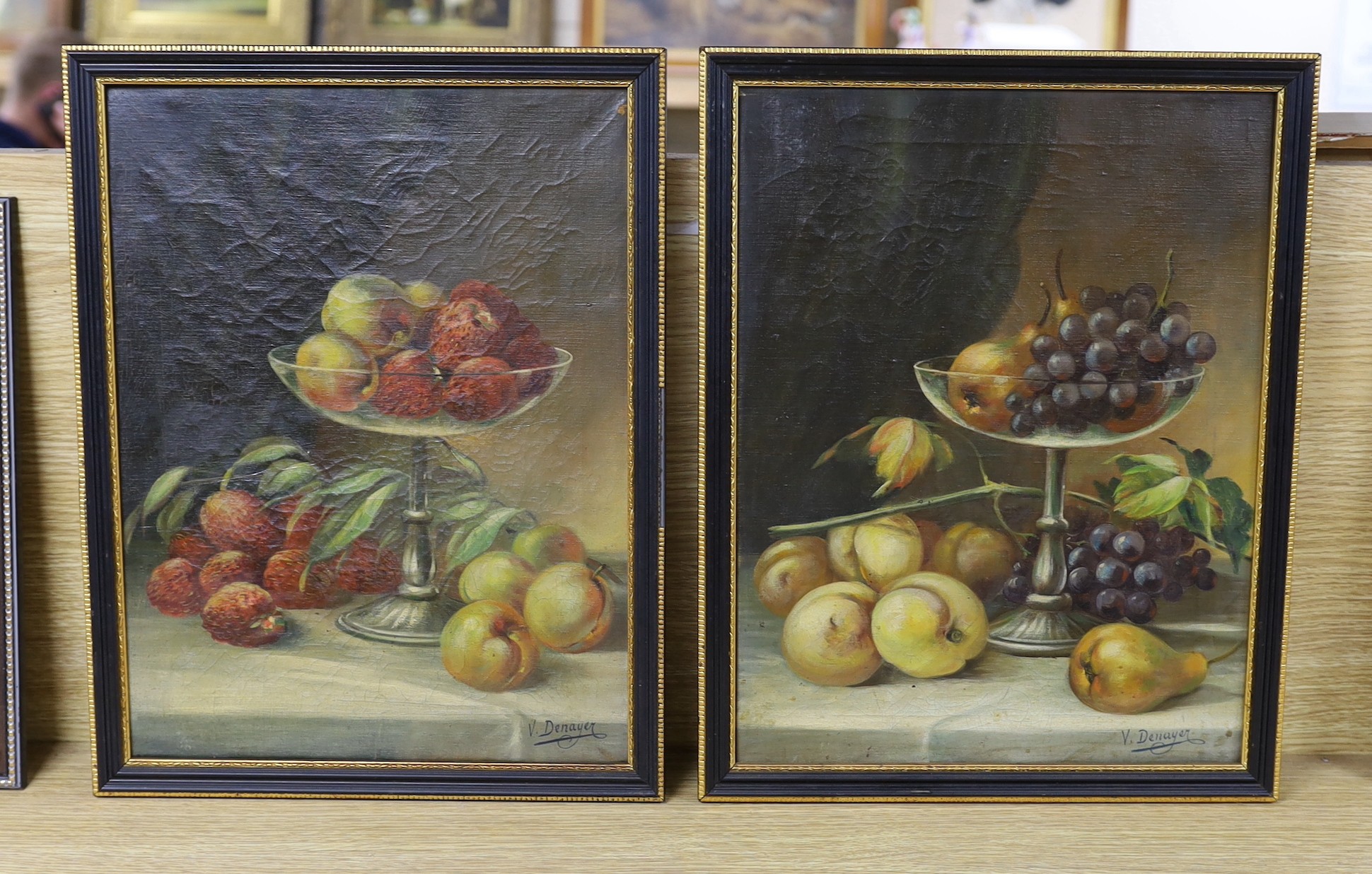 V. Denayer, pair of oils on canvas, Still lifes of fruit, signed, 36 x 27cm